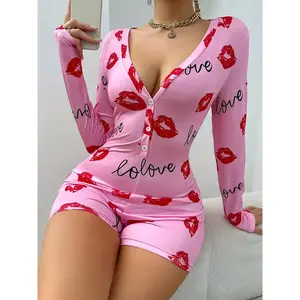 Women'S  Long Sleeve Heart Lips Print Nightgown - Pink & Red Lips Design, V-Neck, Button-Front Closure, Stretchy Fabric, Spring/Fall Sleepwear