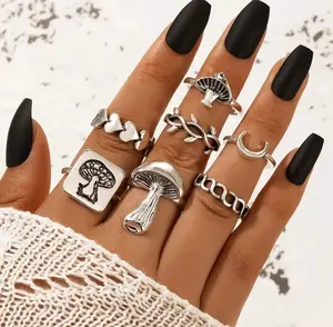 Women's Mushroom Rings - Set of 7, Silver Mushroom Rings, Silver Nail Rings