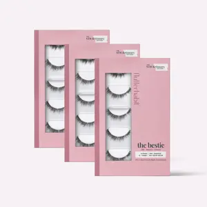 FlutterHabit Pack of 3 Pre-Glued Press On Lash Extensions - 5 Pairs Per Box - The Bestie - 6-14mm Classic C Curl Subtle Cat Eye Lash