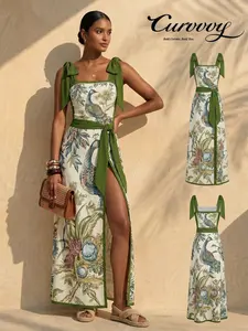 Curvvvy Swim 2026 Women’s Tropical Printed One Piece Swimsuit with Skirt Cover Up, Women's Plants Print Swimdress Set, Boho Beachwear, Summer Vacation Swimwear for Women, Resort Wear, Elegant Beach Look
