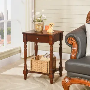 Vintage Brown Side Table | Drawer + Shelf Elegance,Classic Wood Nightstand | Ornate Legs & Storage,Dark Wood Side Table | Drawer & Open Shelf Charm