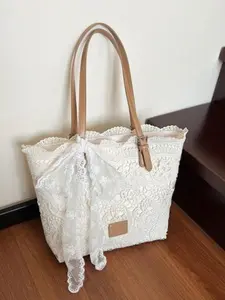 Elegant retro exquisite lace tote bag, adjustable tote bag design, lace scarf decoration, fashionable and unique shoulder bag, can accommodate files and tablets, suitable for commuting, dating, and gatherings