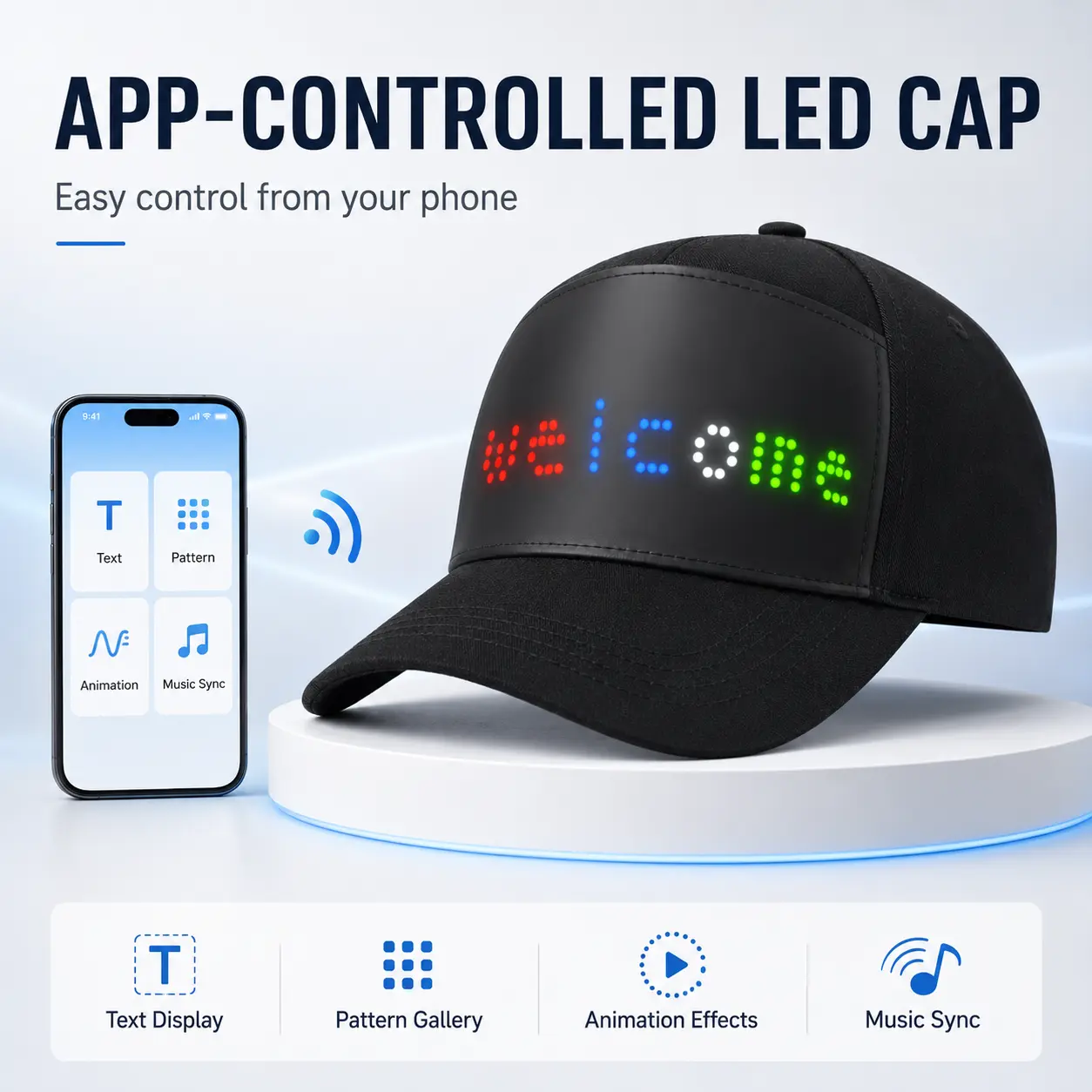 New LED light-up cap | Smart app programmable scrolling subtitles | Breathable unisex glow accessory | Unisex | Party vibe item | Trendy creative gift for anniversaries and holidays