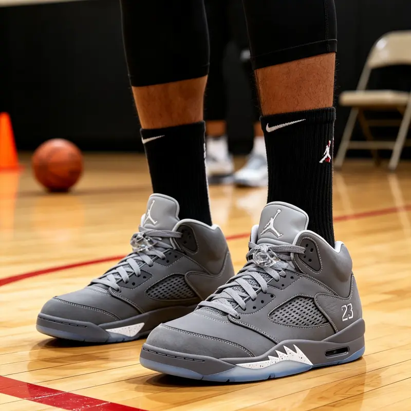 Unisex Full Grey Mid Top Retro Basketball Sneakers Suede Mesh Athletic Trainers, Transparent Ice Blue Outsole, Cushioned Support Midsole, Street Sports Footwear For Men Women Training And Daily Casual Outfits