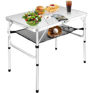Medium Folding Table,2 Adjustable Height Foldable Table,3Ft Portable Camping Table,Outdoor Folding Table with Net Mesh,Folding Beach Table,White Metal Folding Table for Patio BBQ Backpacking
