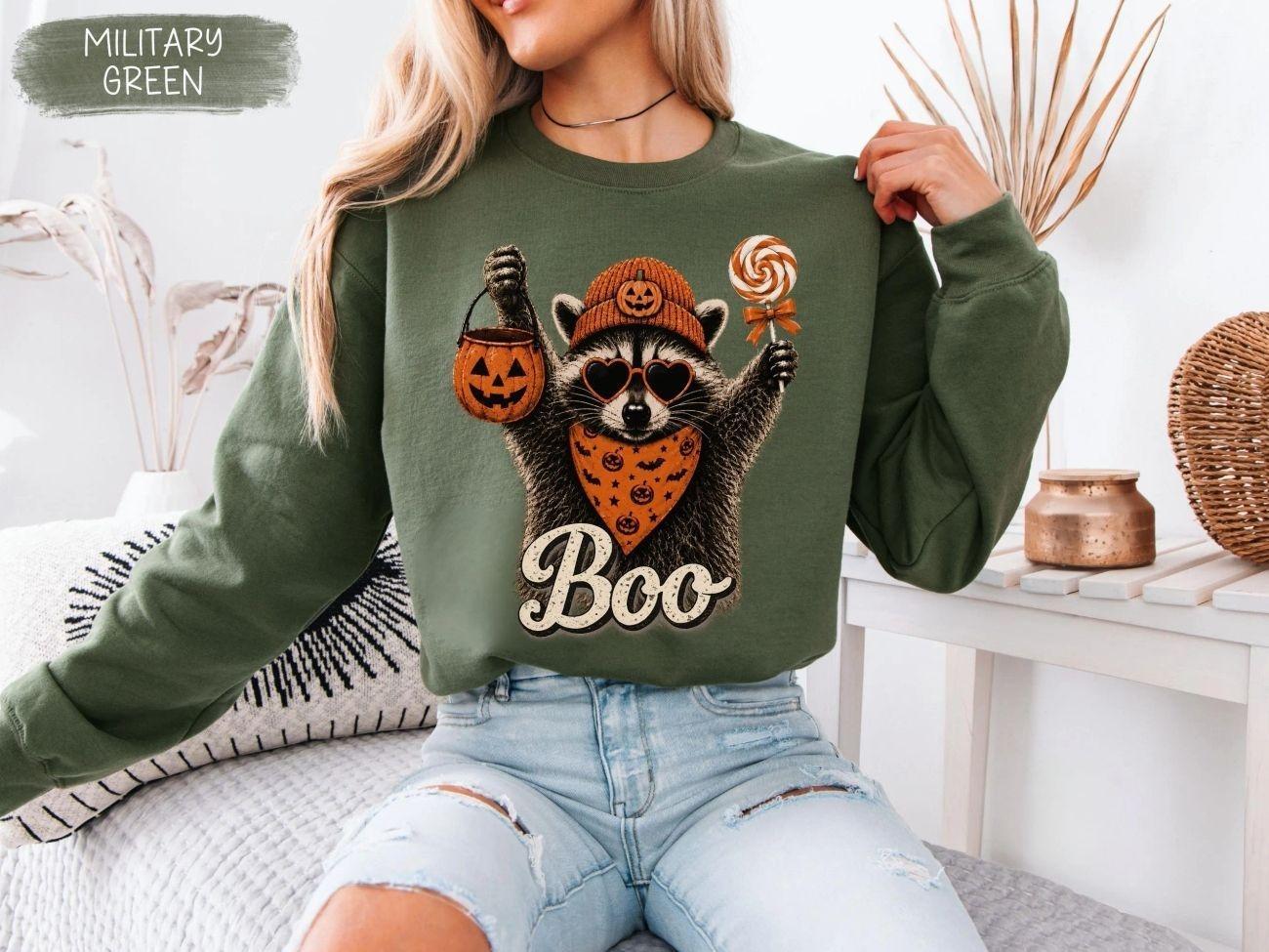 Cute Whimsical Raccoon Halloween Sweatshirt, Spooky Season Crewneck Sweater, Funny Boo Ghost Raccoon Graphic Jumper, Cute Spooky Animal Lover Apparel, Autumn Halloween Party Outfit, Fall Aesthetic Clothes, Spooky Season Gift for Women & Men