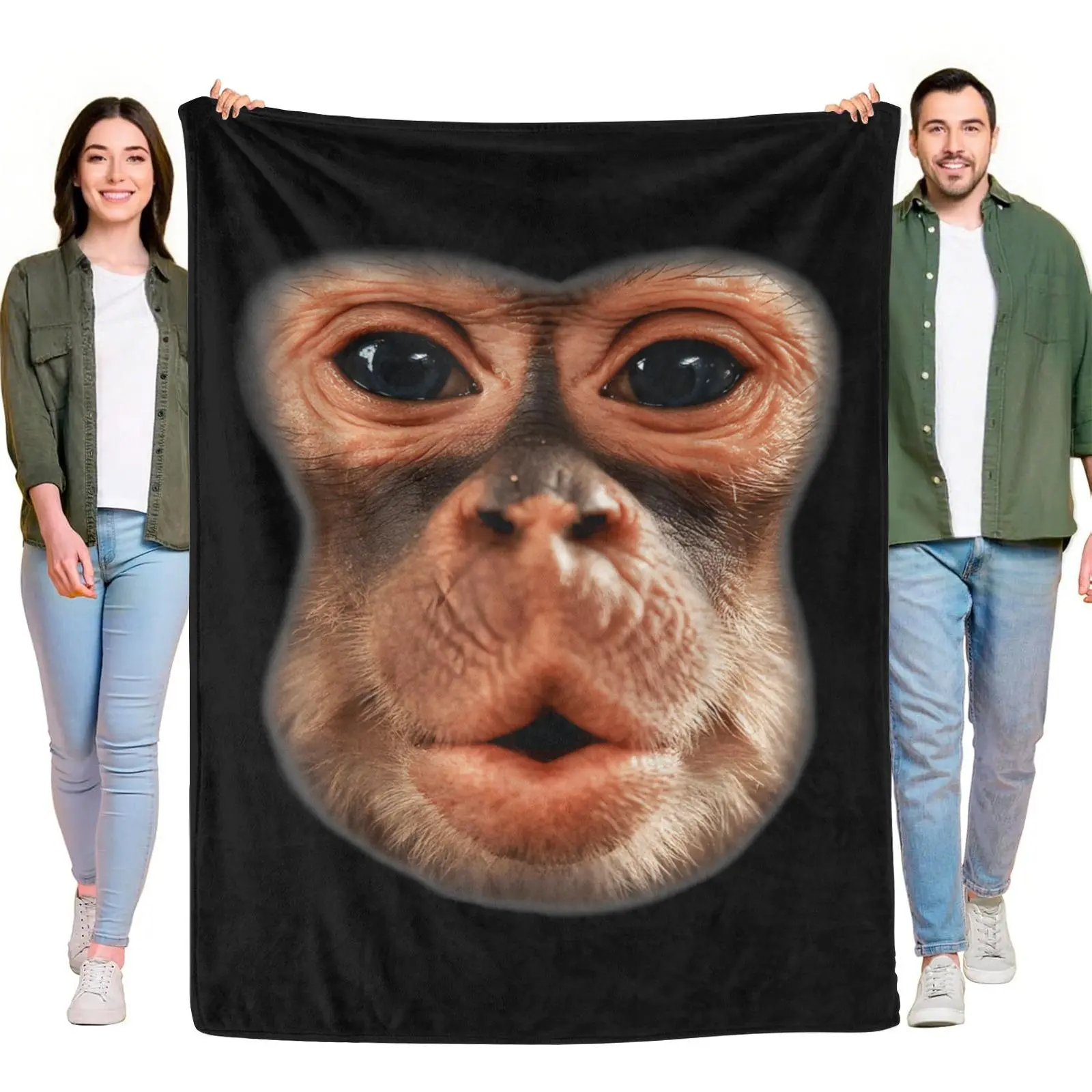 Flannel Throw Blanket, Cute Chimpanzee Monkey Realistic Portrait Primate Animal Face Wildlife Graphic Black Background Monkey Lover Blanket