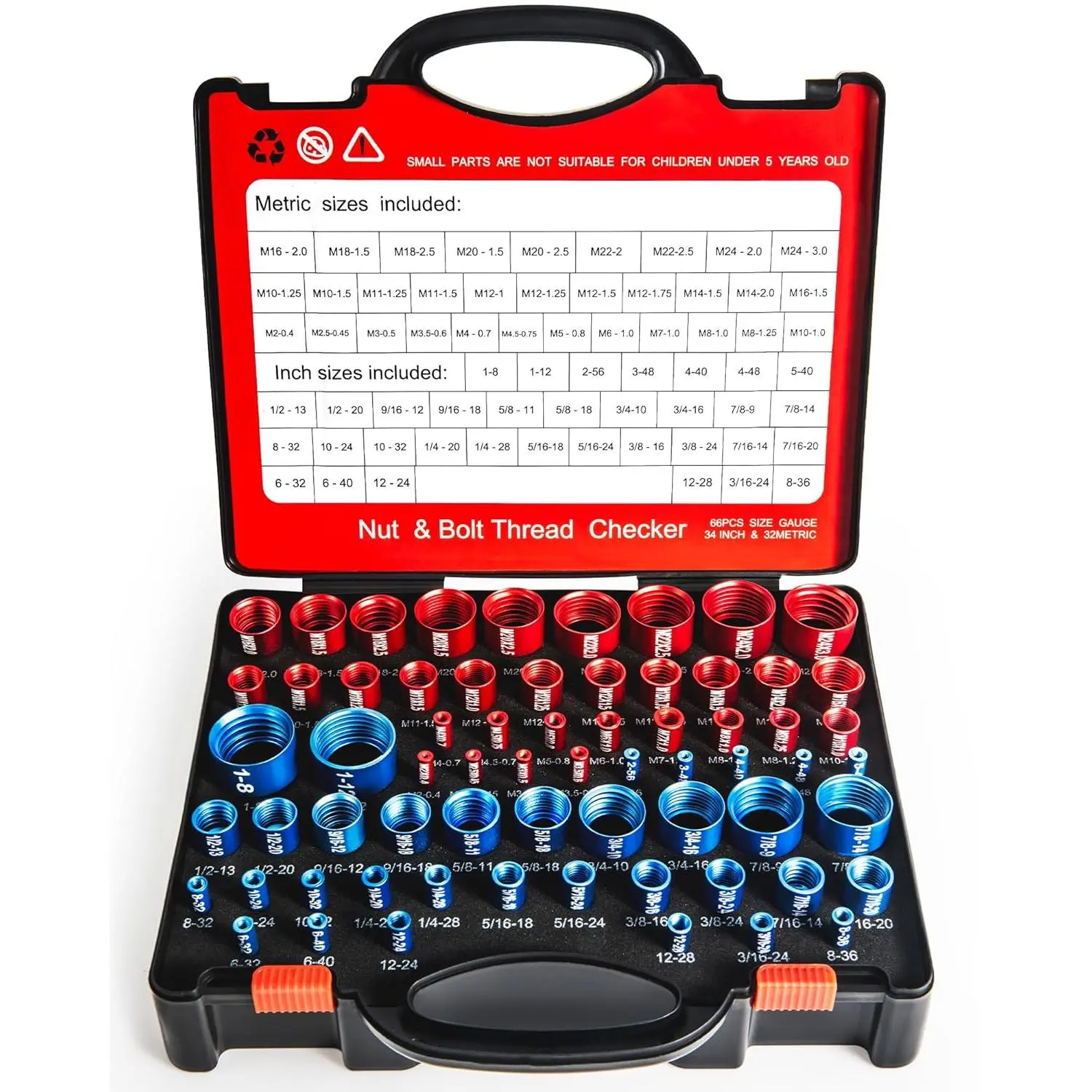 66- Nut and Bolt Thread Checker Kit | 34 SAE (Blue) + 32 Metric (Red) Thread Gauges - Precision Bolt Size Finder for Tight Spaces, DIY & Professional Repairs