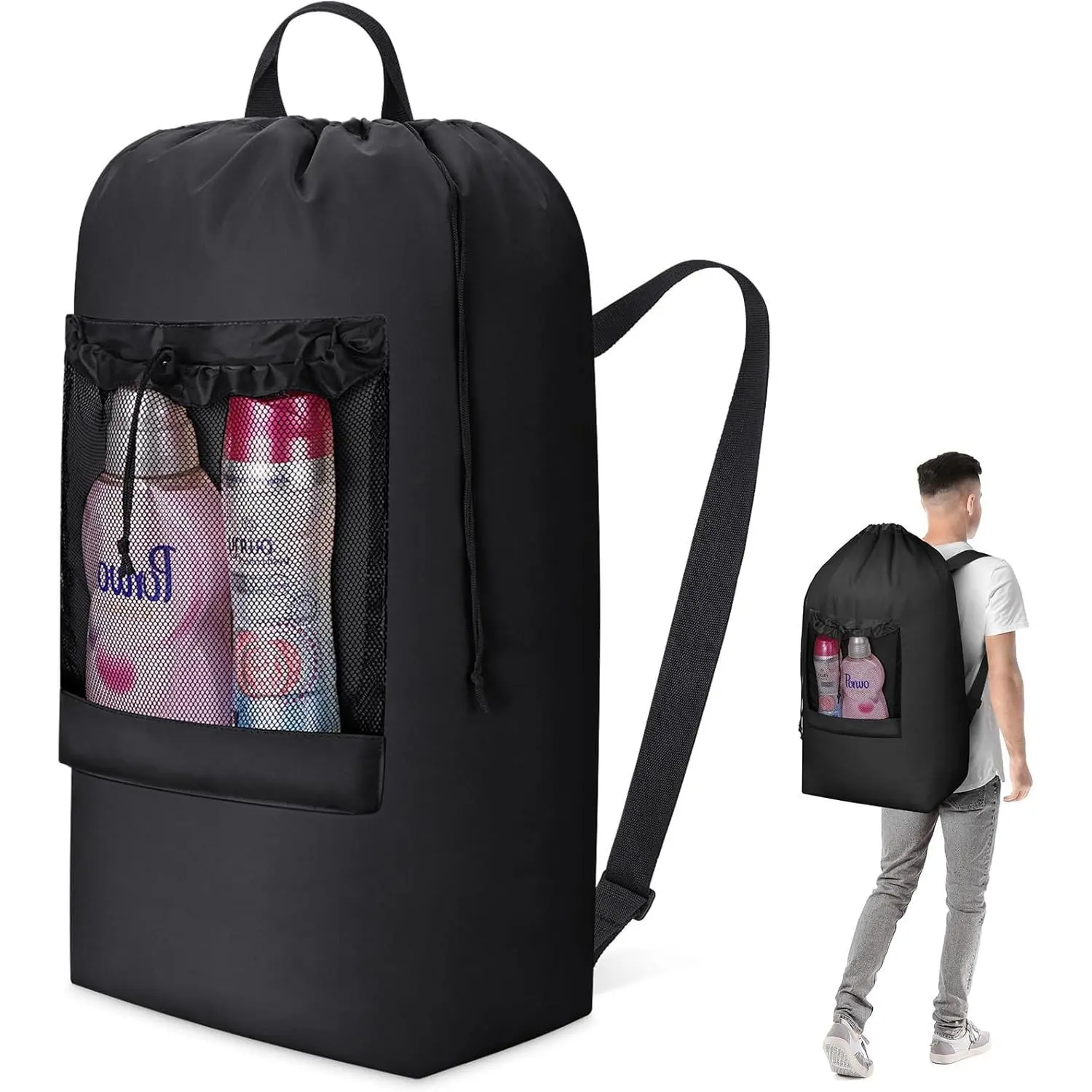 90L Laundry Bag,  Laundry Backpack with  Straps and Mesh Pocket for Laundromat, Heavy Duty Laundry Bag Backpack for Dirty Clothes for College Dorm/Travel/Apartment, Black
