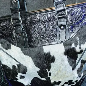 Large tooled leather and cowhide tote