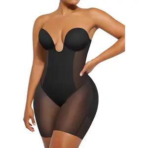 SHAPELLX Strapless Shapewear for Women Deep Plunge Corset Tummy Control Backless Bodysuit Mid Thigh Full Body Shaper