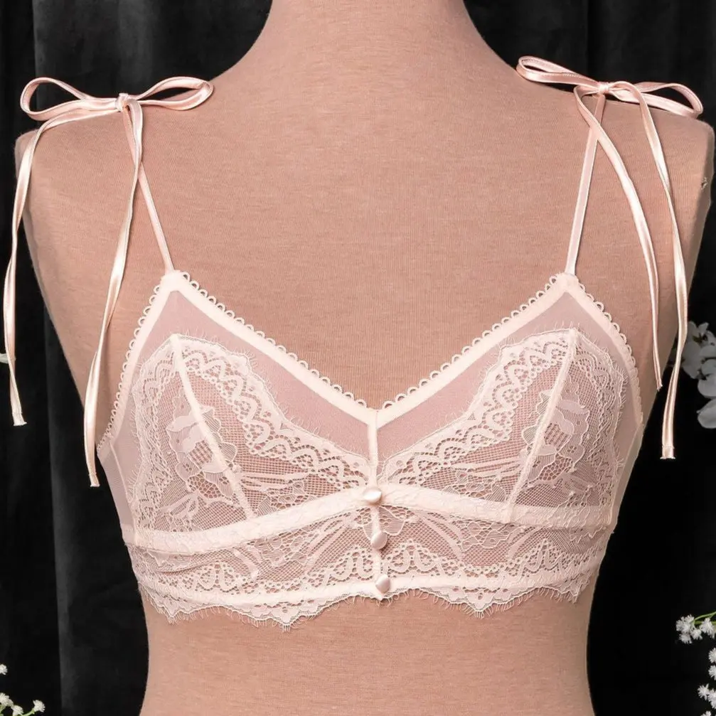 Lace & Mesh Button Bralette - Champagne