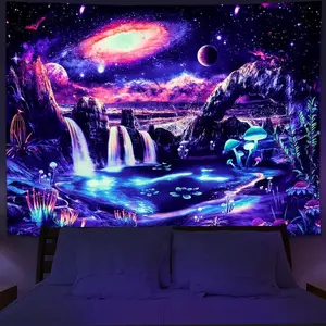 Blacklight Galaxy Tapestry Trippy Planet Tapestry UV Reactive Waterfall Landscape Tapestry Fantasy Mountain Wave Wall Tapestry Mysterious Neon Decor Hanging