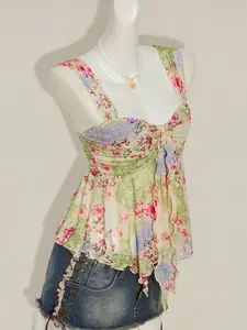 Summer Beach Vacation Floral Mesh Halter Top, Cute Asymmetrical Hem Sleeveless Women's Transparent Shirt, Small Fresh Style