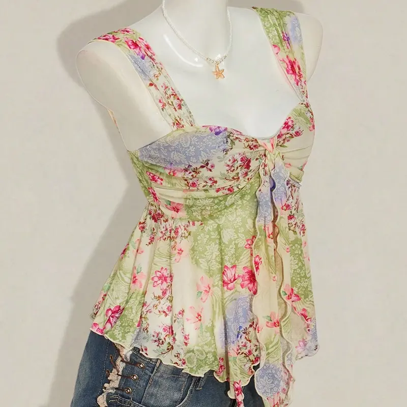 Summer Beach Vacation Ditsy Floral Mesh Halter Top, Cute Asymmetrical Hem Sleeveless Women's Transparent Shirt, Small Fresh Style, Floral Cami Top, Breathable Summer Tank, Breathable Sleeveless Top