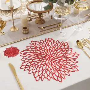 2PCS Gold Foam Hibiscus Lace Placemats, Non-Slip Heat Resistant PVC Dining Table Mat for Home Kitchen Decor, Wedding Valentine's Day Easter St. Patrick's Day Carnival Decoration