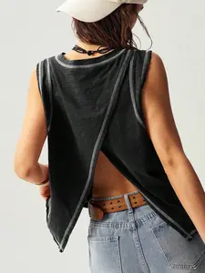 Bohemela  Boho Feels Solid Color Knit Loose Washed Women Tank Top Black Sleeveless Top Black Summer Cute Black Summer Women Knit Boho Style