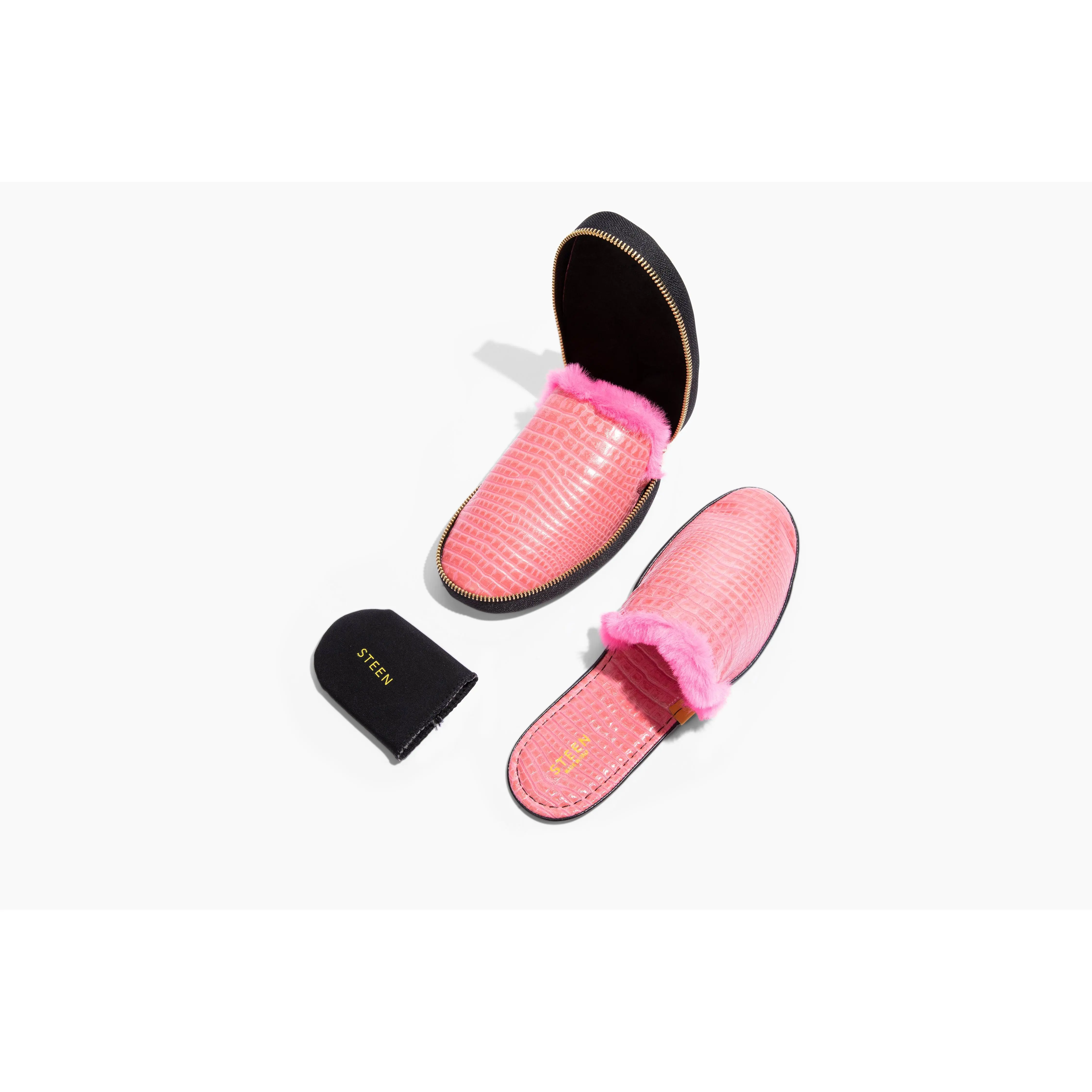 Women's Pink Crocodile Embossed Leather Foldable Slipper with Eco-Fur
