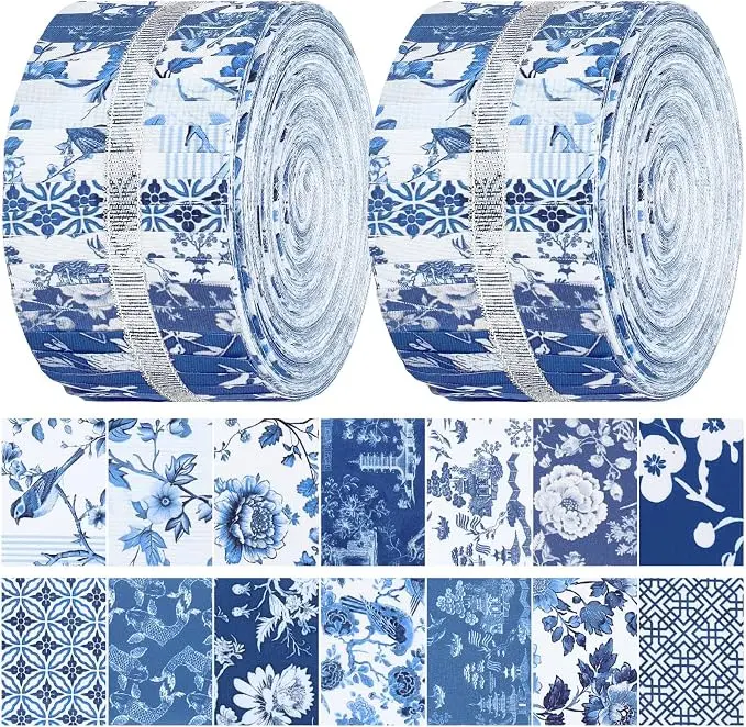 40 Pcs Blue and White Floral Jelly Fabric for Quilting Chinoiserie, 2.55" x 39.4" Blue Floral Fabric Bundle for Chinoiserie Porcelain Quilters and Sewing Crafts