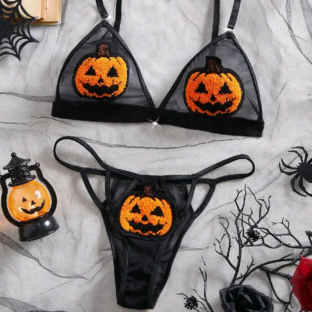 Pumpkin Bra and Thong Set 2 Pieces Sexy Lingerie For Women Black Mesh With Pumpkin Head Decorations Ultra-Thin Tri-Cup Bra Built-In Thong Halloween Nightclub Cosplay Intimate Wear Womenswear spicy clothes