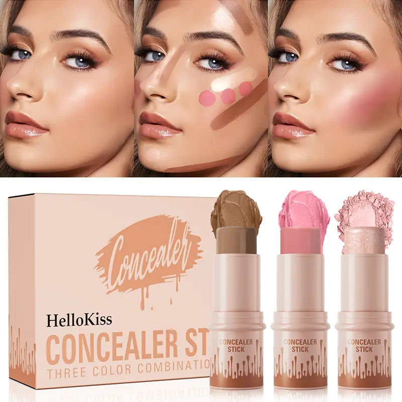 Women's 3pcs Cosmetic Concealer & Multi-Function Stick Set - Flawless, Water Proof, Gentle Long-Lasting Formula with Glowy Highlighter, Blush, Contour & Bronzer for Facial Makeup