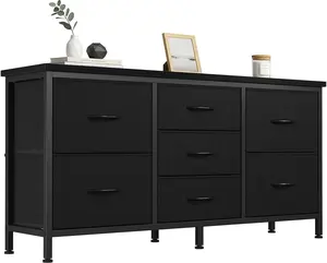 TV Stand 7 Drawer Dresser for Bedroom with Storage TV Stands for Living Room Black, Farmhouse Entertainment Center Media Console Table with Metal Frame Adjustable Feet