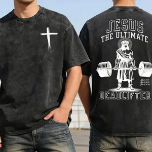 Jesus The Ultimate Deadlifter Washed T-Shirt Funny Christian Shirt Jesus Lover Gym Tee Weightlifting Training Top Religious Gift KXX