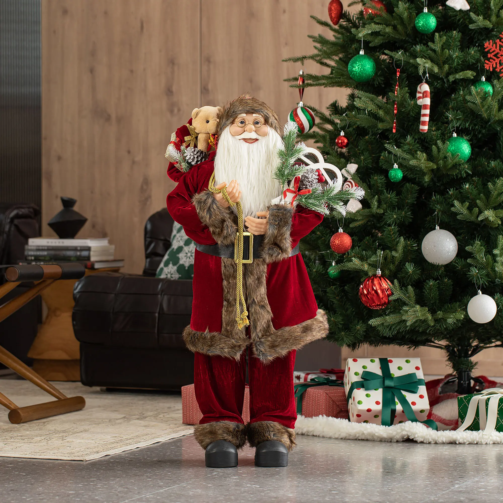 Glitzhome 35"H Oversize Fluffy Traditional Faux Fur Christmas Santa Figurine, Festive Decoration for Room Decor, 35 Inches