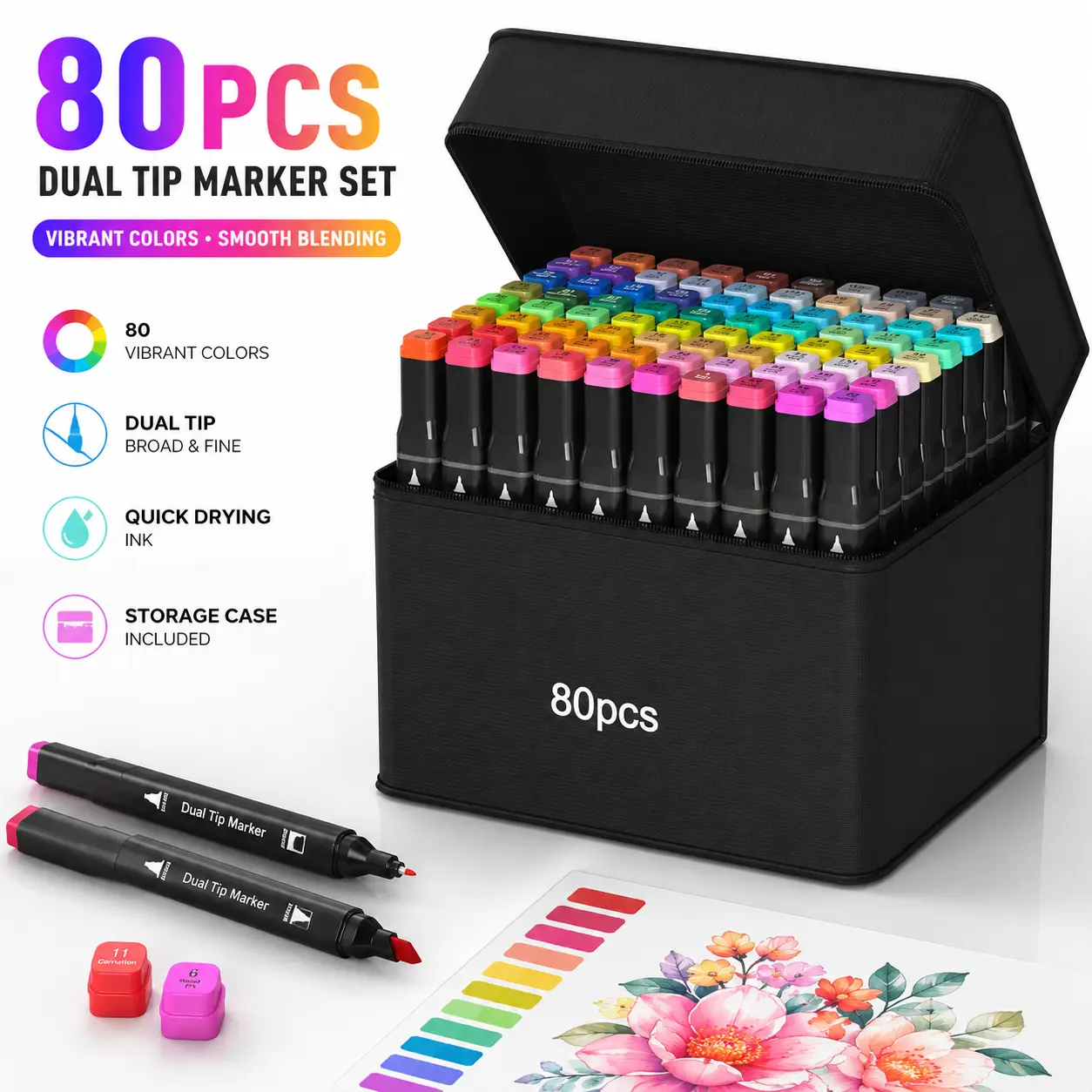 80-Colour Alcohol Markers Set - 80 Colors Dual Tip Art Markers, Office Writing Pens with Portable Storage Case for Art Projects