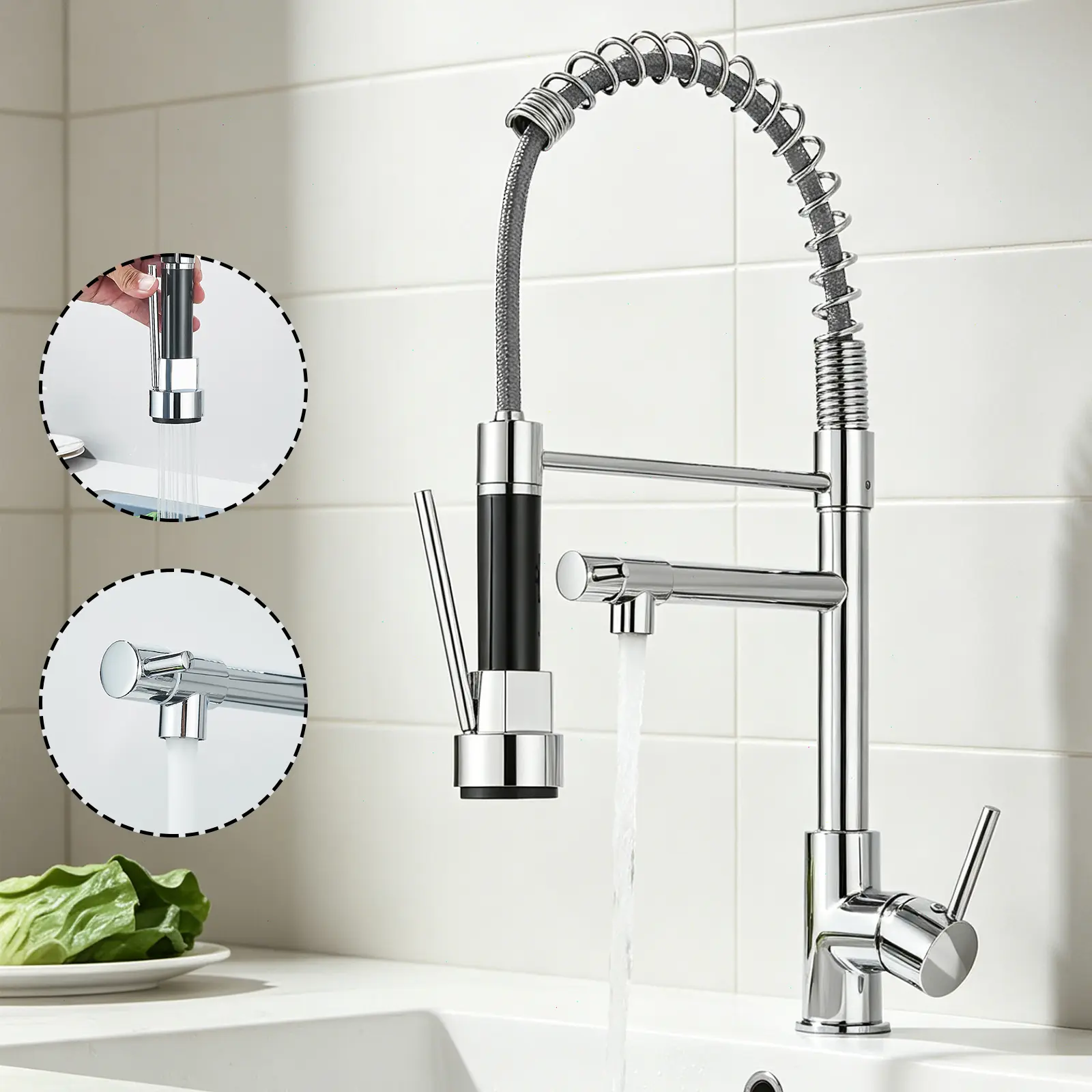 Commercial Spring Kitchen Faucet, Chrome Pull Down Sprayer Kitchen Sink Faucet with Spray, Single Handle High Arc 360° Swivel Kitchen Faucet for Farmhouse & Utility Sink