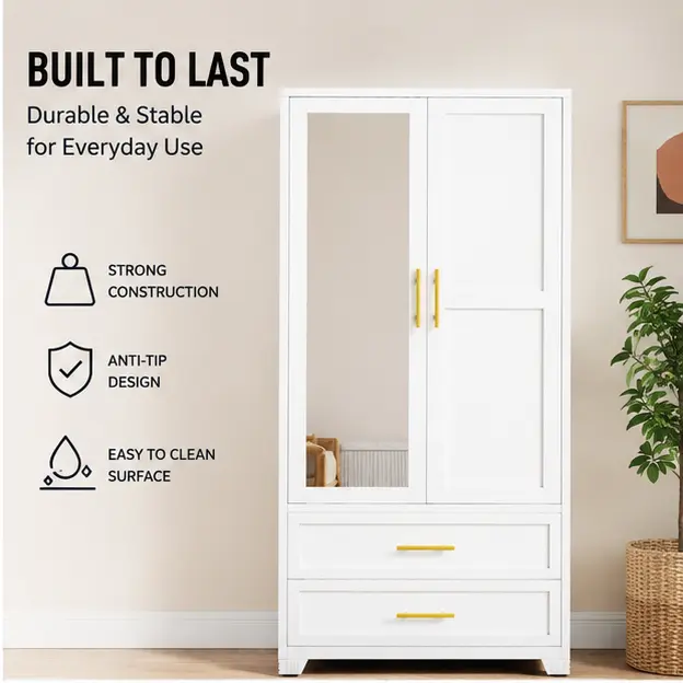 EROSOEI 71-in Metal Wardrobe Closet Storage Cabinet with Steel Frame, 2 Drawers, Hanging Rod, Adjustable Shelves, Floor Stand for Bedroom Entryway (Assembly Required)，bedroom armoire，metal armoire wardrobe closet，full-length mirror