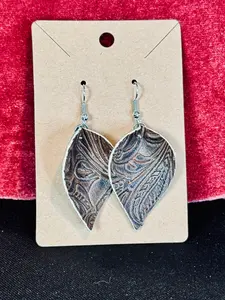 Tooled Brown Faux-Leather Leaf Earrings – Rustic Western Paisley Dangle Drops