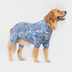 Dog Pajama Recovery Suit, Soft Stretchable All over Print, Blue Cartoon Monster Pattern, S-6xl Pet Sleepwear for Dogs & Cats