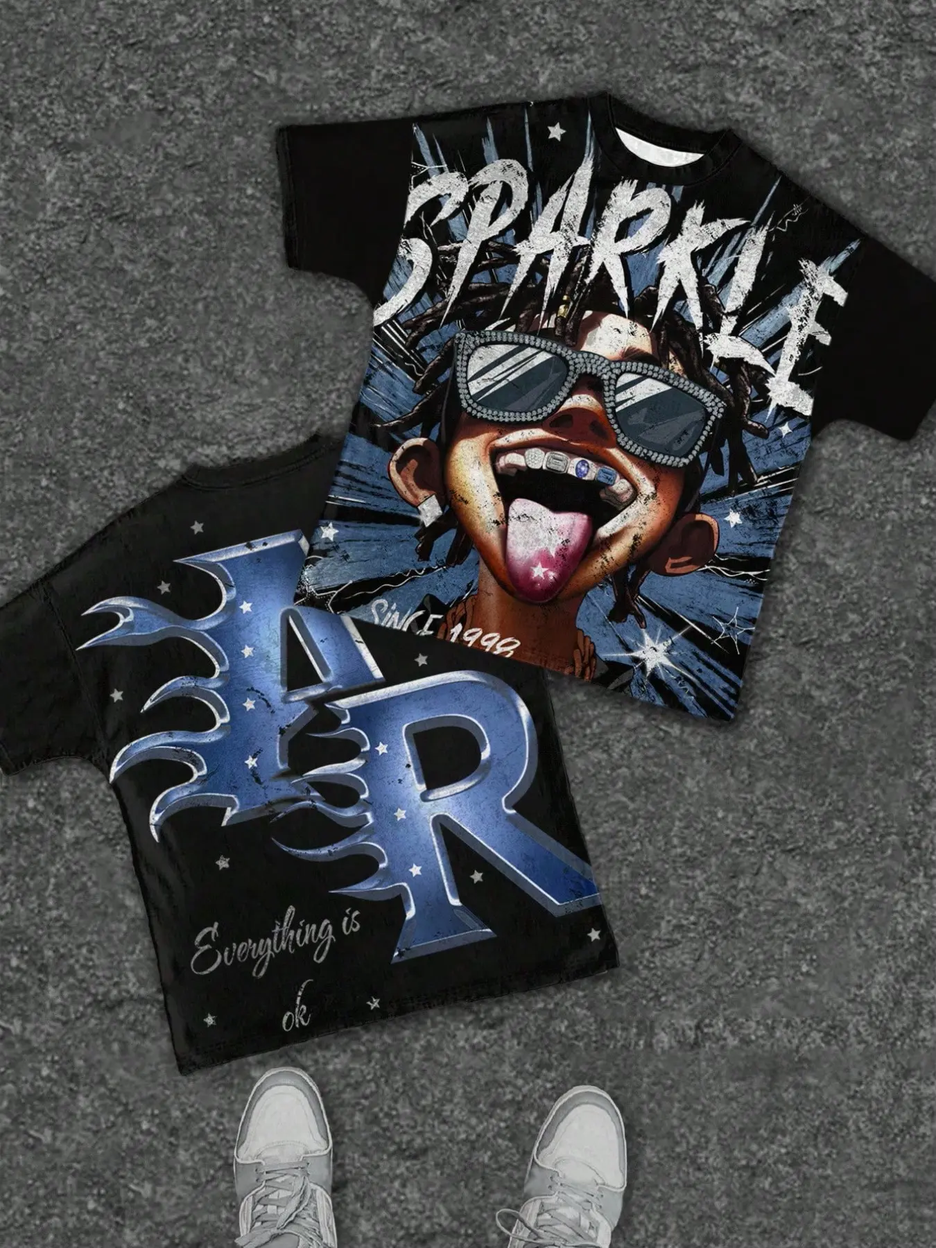 Men's Summer Y2K Oversize Short Sleeve, Graphic, Blue Colorblock Retro Rap Portrait, 3D Metal Gradient Flame Letters, Casual Loose Fit