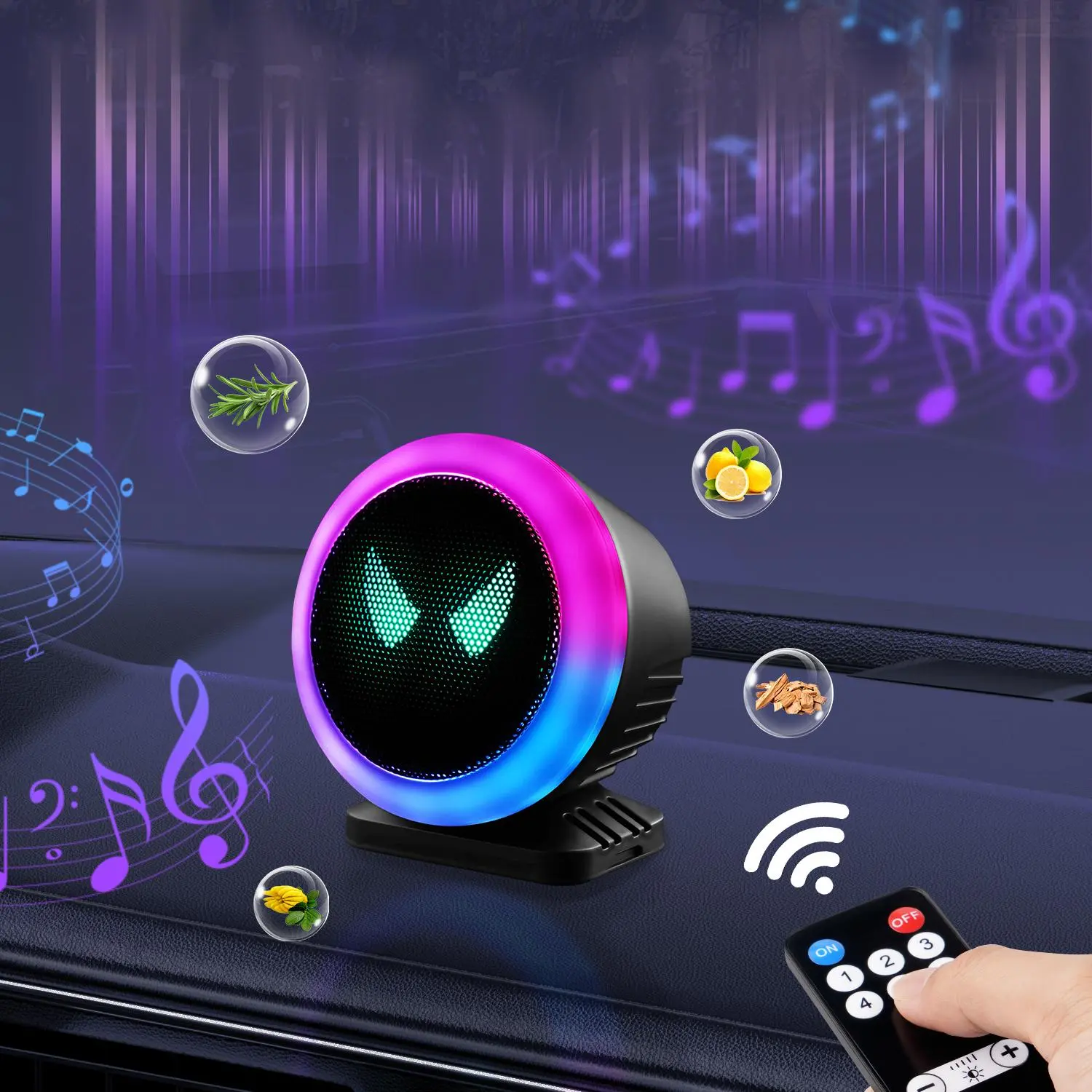 Car RGB LED Music Rhythm Lamp with Air Freshener, Sound Active Vent Lights, 6 Modes, Wireless Remote Control, 5V Input, Car Interior Ambient Lighting Accessories