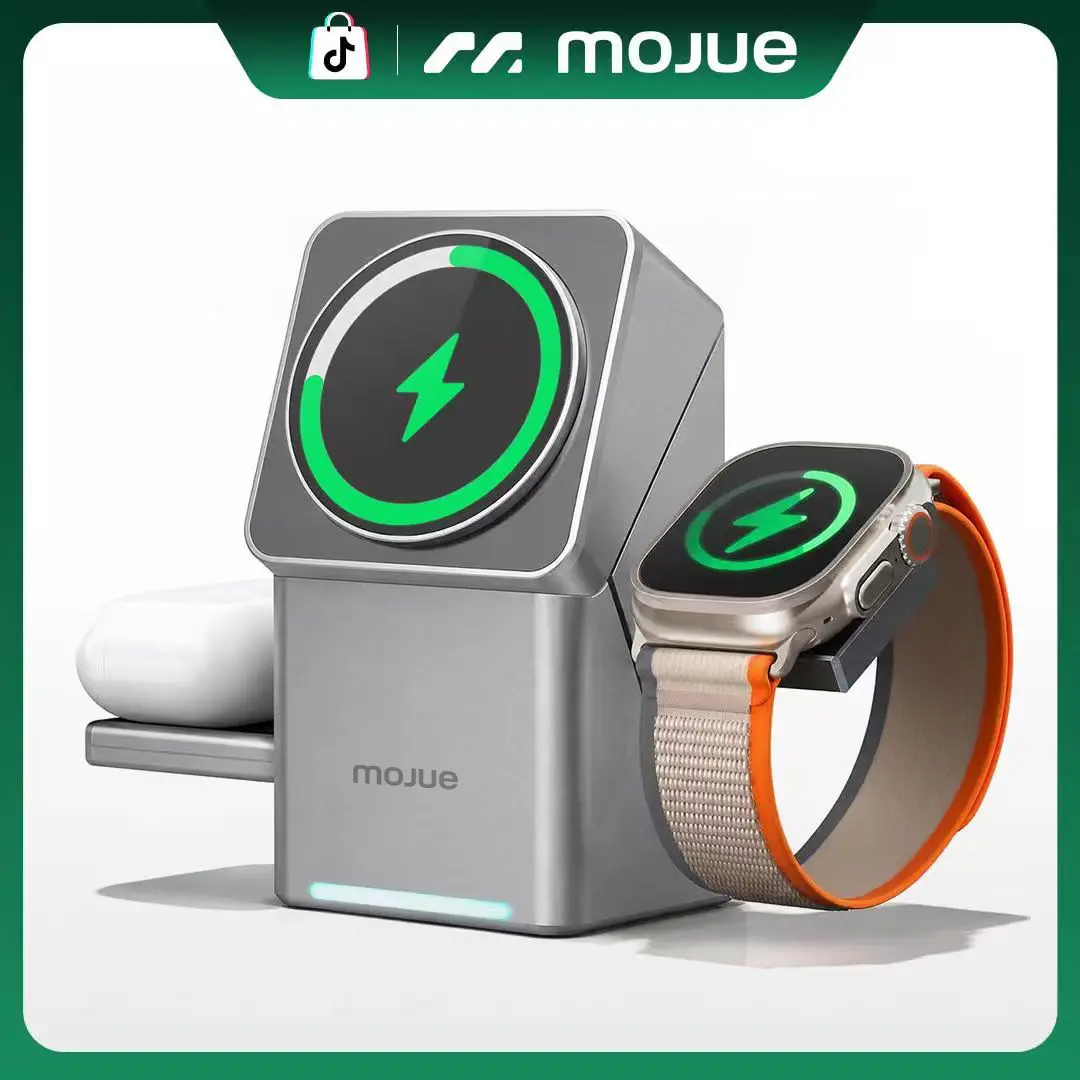 MOJUE 3 in 1 Charging Station for Apple, Mag-Safe for iPhone , Qi2 Certified Rotating   Stand for iPhone 17,16,15,14,13,12 Series, Apple Watch, AirPods (USB-C  Included) wireless charger Charging Dock for Apple Foldable fast