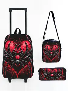 17-inch Rolling Backpack Set with Red Heart Spider Pattern Print