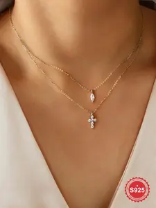 925 Sterling Silver Fashion Cross Pendant Necklace, Double Layered Artificial Zircon Decor Pendant Necklace, Trendy All-match & Exquisite Jewelry for Gift