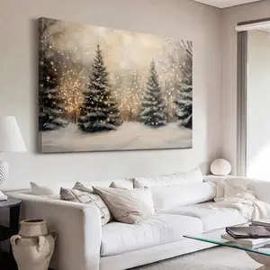 1 Pc Print Canvas Painting, Winter Forest Canvas Print: Snowy Pine Trees, Christmas Lights,  High quality,  Wall Art Prints Poster Direct Decor for Home Gifts, living room, bathroom, bedroom, kitchen, Bar, Office