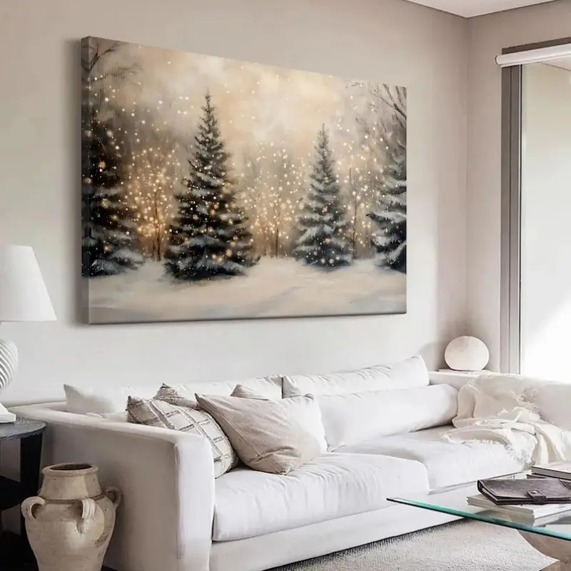 1 Pc Print Canvas Painting, Winter Forest Canvas Print: Snowy Pine Trees, Christmas Lights,  High quality,  Wall Art Prints Poster Direct Decor for Home Gifts, living room, bathroom, bedroom, kitchen, Bar, Office