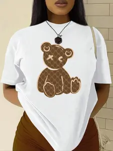 Women's Cartoon Bear Print Round Neck Tee, Fashion Casual Crew Neck T-Shirt for Daily Holiday Vacation Outdoor Wear, Ladies Clothes Womenswear for Summer