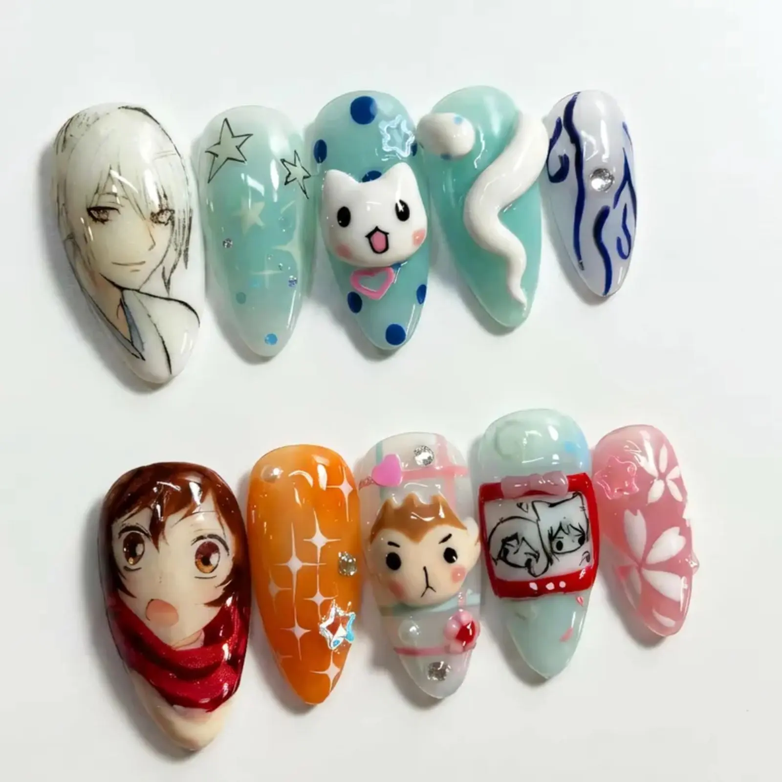Cute Kawaii Anime 3D Nail Art – Pastel Character & Whimsical Press-On Nails