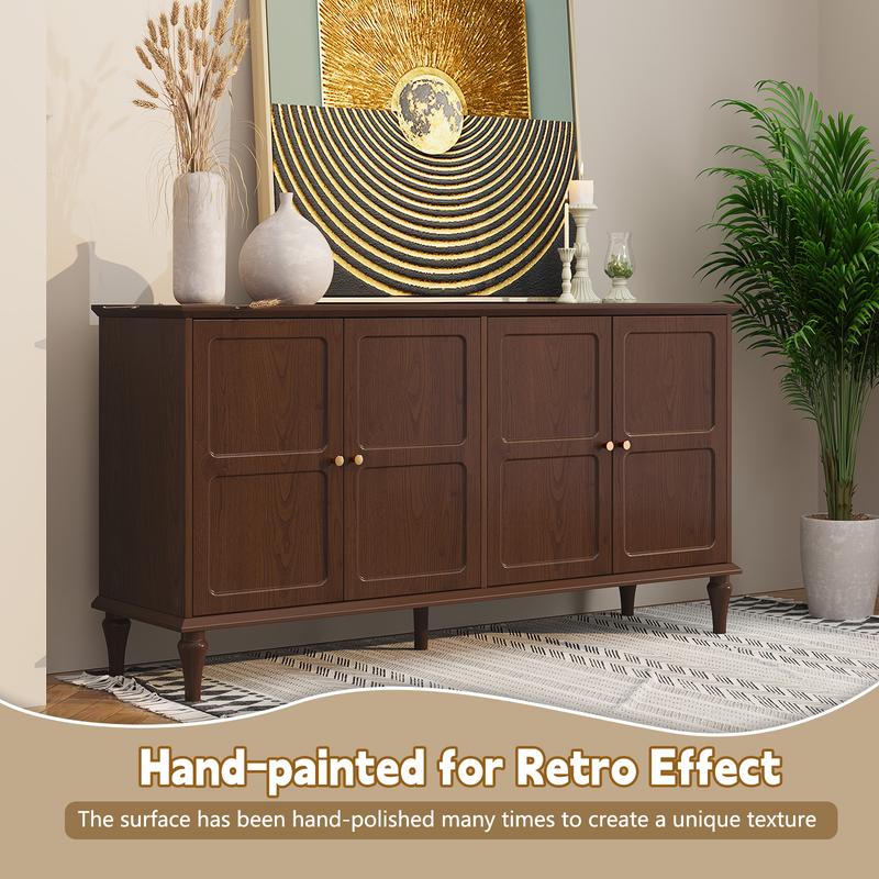 Mid-Century Modern Sideboard Buffet Cabinet, Walnut Wood 4-Door Storage Credenza, Large Capacity, Farmhouse Home Furniture, Entryway Living Room Dining Room, Scratch-Resistant Surface, Hidden Storage Organizer