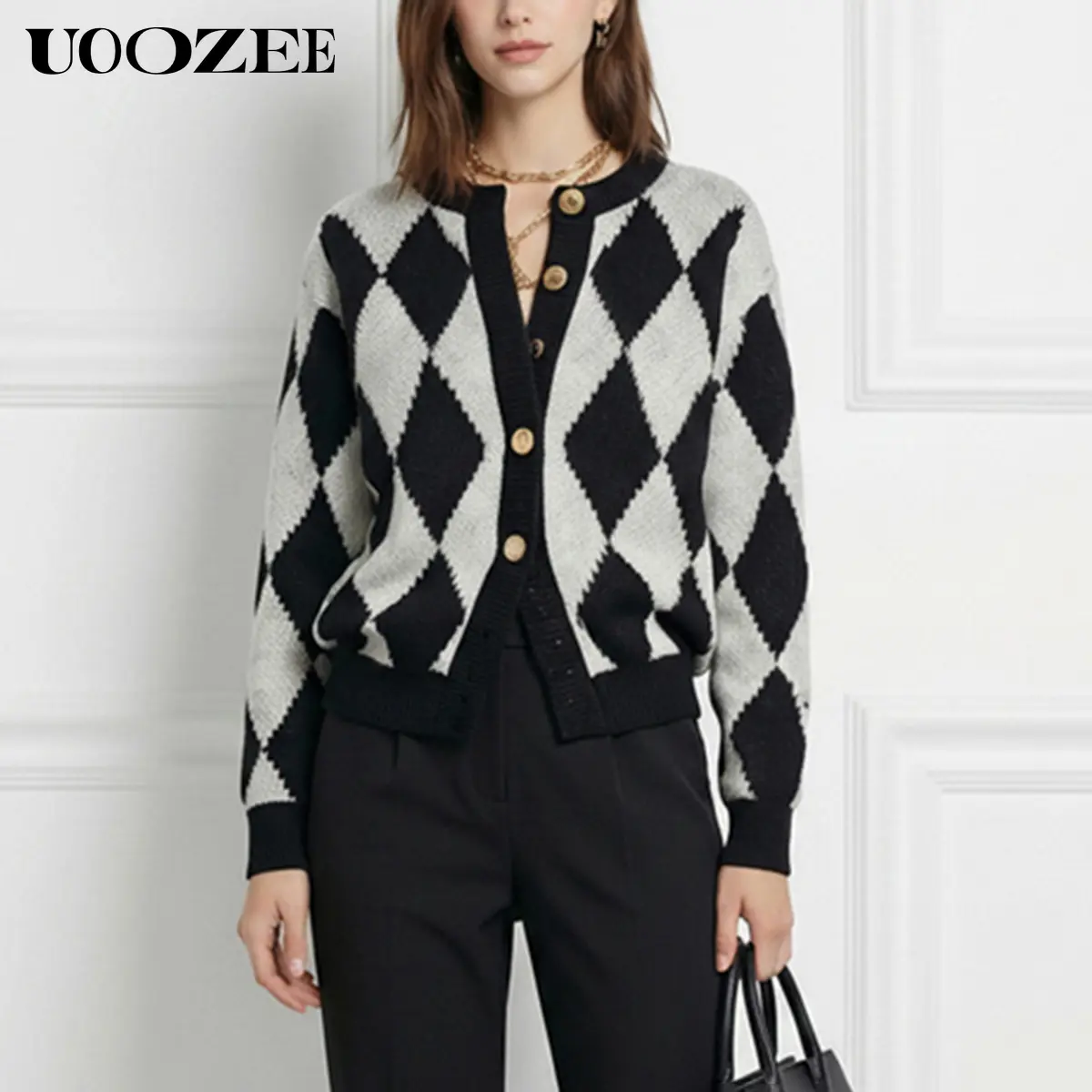 UOOZEE Women's Autumn Winter Knitwear Oversized Shrugs - Relaxed Fit Breathable Spandex Knit Turtleneck Button Argyle Cardigan Tops, Black White Geometric Plaid, Long Sleeve, Casual Wear, Lightweight Soft Fabric, Ideal for Office & Urban Outings, Slip, Mi