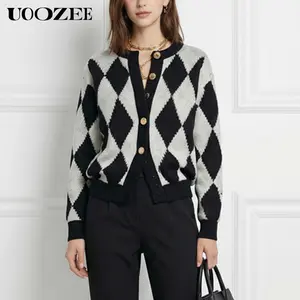 UOOZEE Women's Autumn Winter Loose Knitting Black White Argyle Cardigan Tops, Plaid Long Sleeve Casual Office Daily Lady Sweater Coat,Ideal for Office Casual, Brunch Dates & Cozy Urban Outings