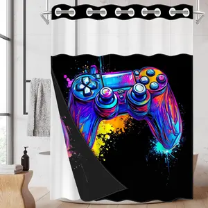 1pc hookless shower curtain with buckle lining, colorful splatter game controller design 2D flat printing, fabric waterproof lining, see-through double-layer shower curtain, 71 x 74 inches, modern home curtain decoration, Shower Curtain Liner