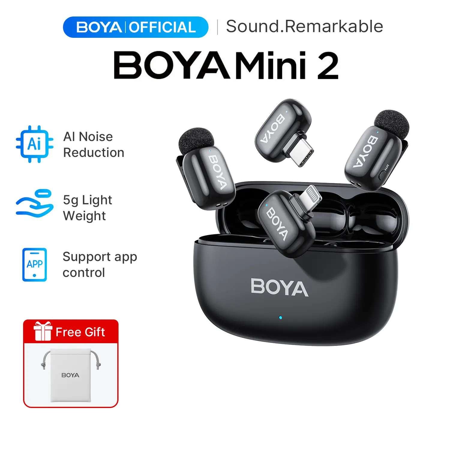 BOYA mini 2 Wireless Microphone Lapel AI Noise Cancellation mini Super Mic for Vlogging