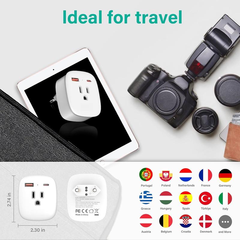 European Travel Plug Adapter, PD 20W USB-C International Power Plug, 2 Outlets & 2 USB Charger,  Type C Outlet Adaptor Charger for  to  France , Travel Essentials