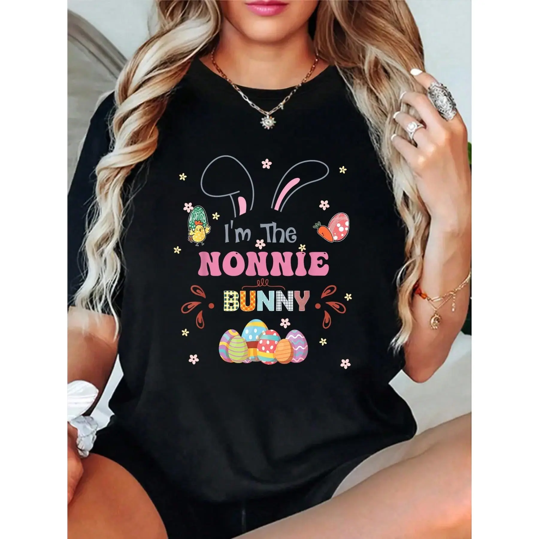 Women's 100% Cotton Knitted Small Round Neck Short Sleeve T-Shirt - Flower Cartoon Print, "I'm The Nonnie Bunny" Letter Slogan, Happy Easter Family Matching, Breathable Soft Loose Fit Summer Casual Streetwear Top