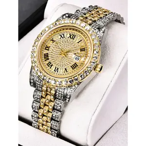 2026 New Model Elegant Men's Watch Filled With Diamonds For Foreign Trade, Starry Sky Calendar, Quartz Inner Gold Steel Belt Diamond Wrist Exquisite Rhinestone Wear Sophisticated Look Essential Style Piece